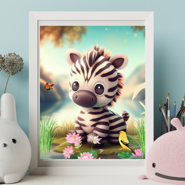 Poster Zebra Cura perto de um lago com flores e arte de p (Criador carregado)