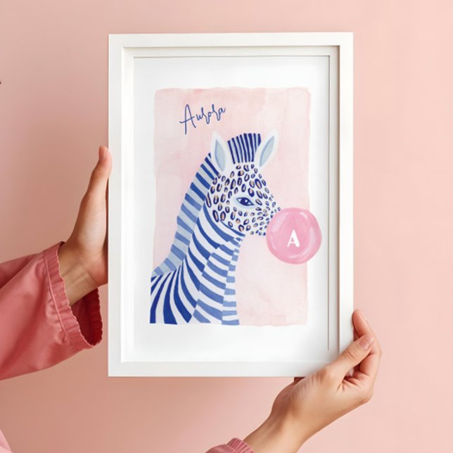 Poster Zebra de Aquarela Azul Soprando Bolha de Goma (Blue Watercolor Zebra Animal Blowing Gum Bubble Poster)