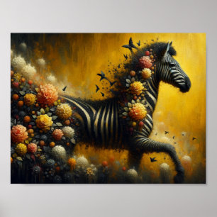Poster Zebra e flores maravilhosas num fundo amarelo