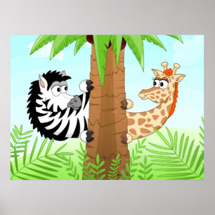 Póster Zebra e girafa escondendo