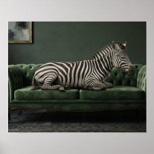 Poster Zebra Elegante em Sofá de Veludo Verde