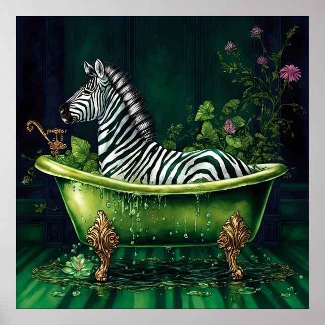 Poster Zebra engraçada numa Banheira Verde (Frente)