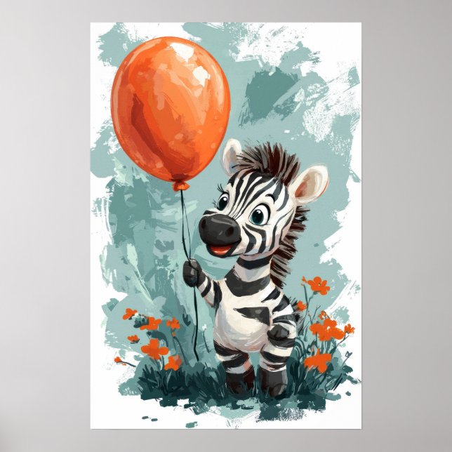 Poster Zebra Fofa com Balão Laranja Ilustração Caprichosa (Frente)