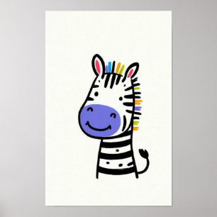 Poster Zebra Fofo com Crina de Arco-íris Quarto de Bebê c