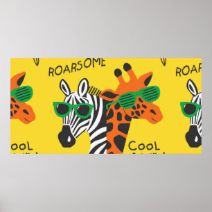 Poster zebra legal e girafa vestindo óculos em amarelo b