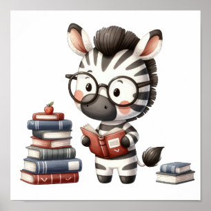 Poster Zebra Lendo Livros.