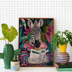 Poster Zebra lendo um livro, arte animal maximalista