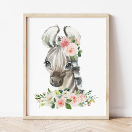 Poster Zebra, Safari, Selva, Flores Rosa, Berçário de Men