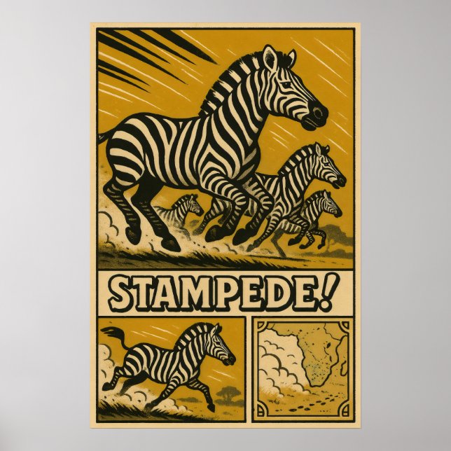 Poster Zebra Stampede Retro Safari Art (Frente)