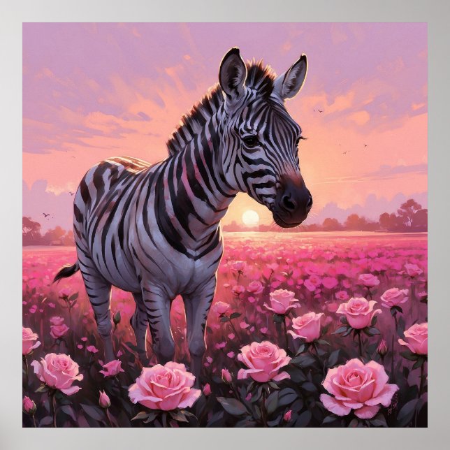 Poster Zebra Única em Pintura de Campo de Rosas Rosa (Frente)