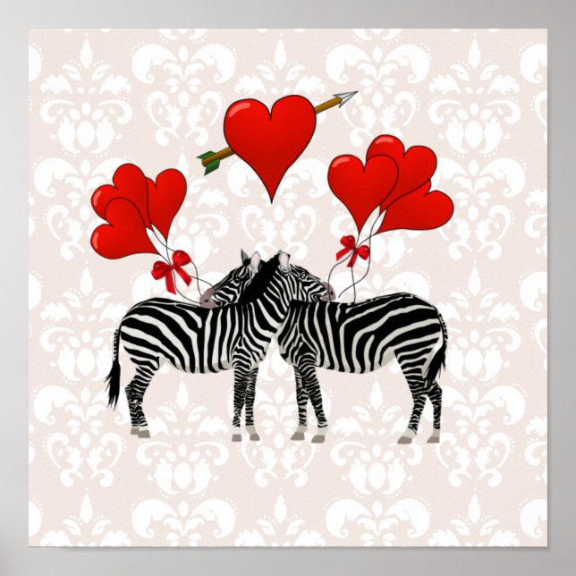 Poster Zebras e corações em damasco cor-de-rosa (Frente)