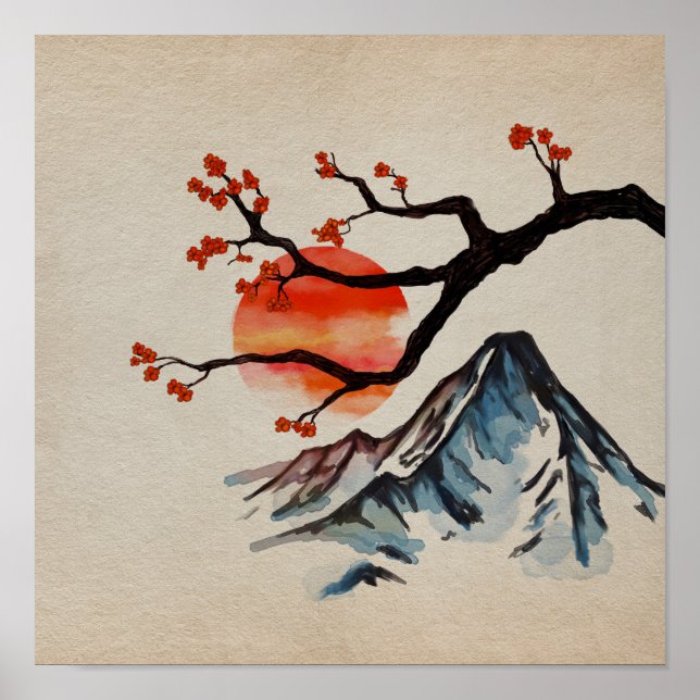 Poster Zen Serenity Landscape - Sakura Mountain Sunset (Frente)