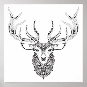 Póster Zentangle Inspirou Deer Hormone Head 2