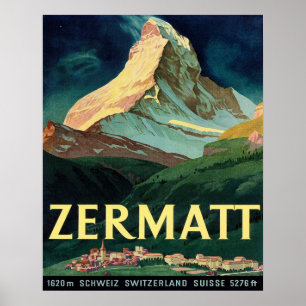 Poster Zermatt, pico de montanha,Suiça, vintage,viagem