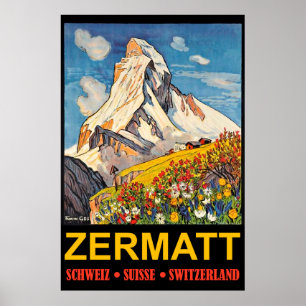 Poster Zermatt, pico de montanha, viagens vintage de Sui