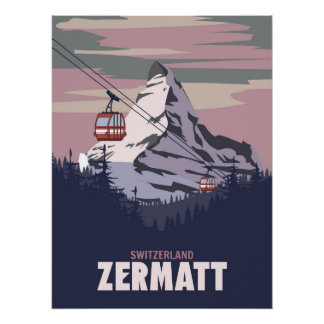 Póster Zermatt Ski resort poster, Retro Alpes Winter