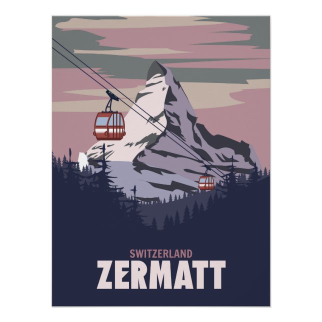 Póster Zermatt Ski resort poster, Retro Alpes Winter (Frente)