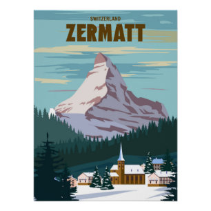 Póster Zermatt Ski resort poster, Retro, Alpes Winter