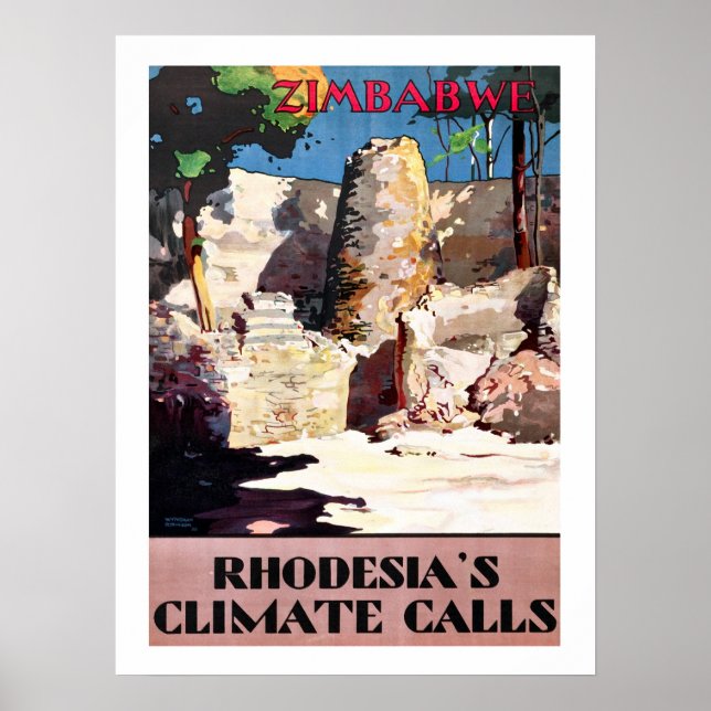Poster Zimbábue, apelos do clima da Rodésia, vintage, via (Frente)
