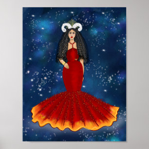 Poster Zodiac Aries Deusa em Azul Celestial