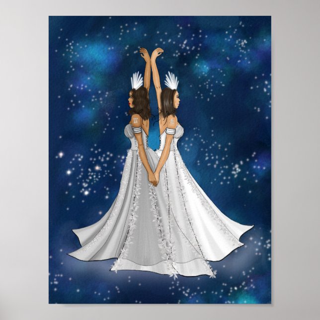 Poster Zodiac Gemini Deusa no Espaço Azul Celestial (Frente)