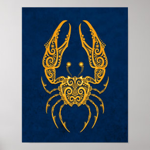 Póster Zodíaco amarelo intrincado do cancer no azul