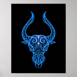 Poster Zodíaco azul intrincado do Taurus no preto