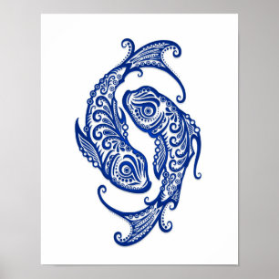 Póster Zodíaco azul intrincado dos peixes no branco