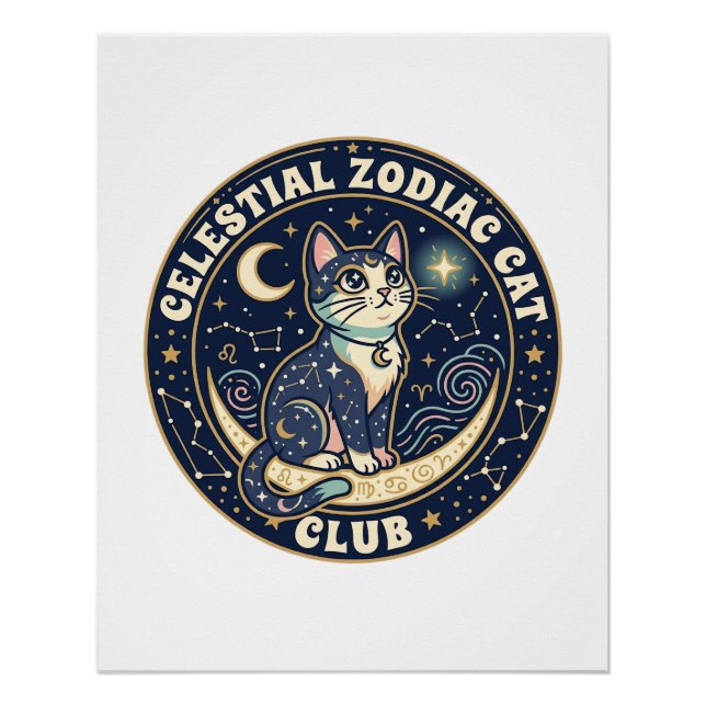 Póster Zodíaco Celestial Gato Fofo Camiseta - Cel (Frente)