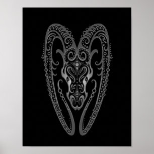 Póster Zodíaco cinzento intrincado do Aries no preto