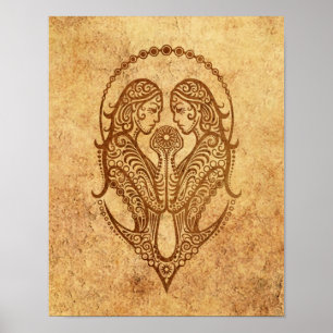 Poster Zodíaco envelhecido vintage dos Gêmeos