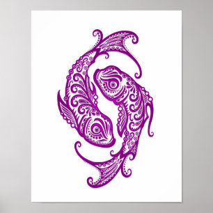 Poster Zodíaco roxo intrincado dos peixes no branco