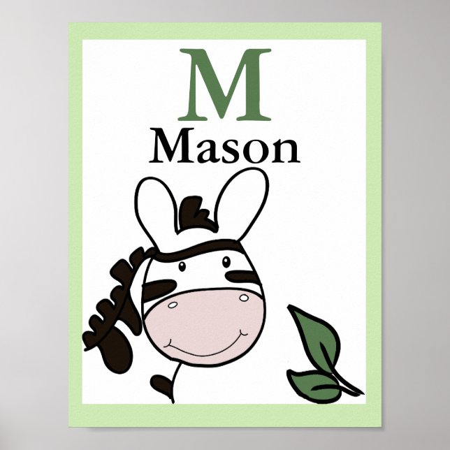 Póster Zoey a Zebra NOME IMPRESSO Bebê Animais do Zoológi (Frente)