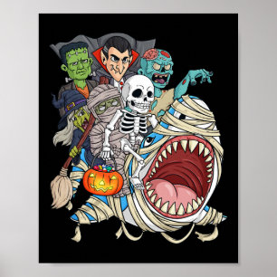 Poster Zombie Riding Mummy Shark Vampire Halloween Pumpki