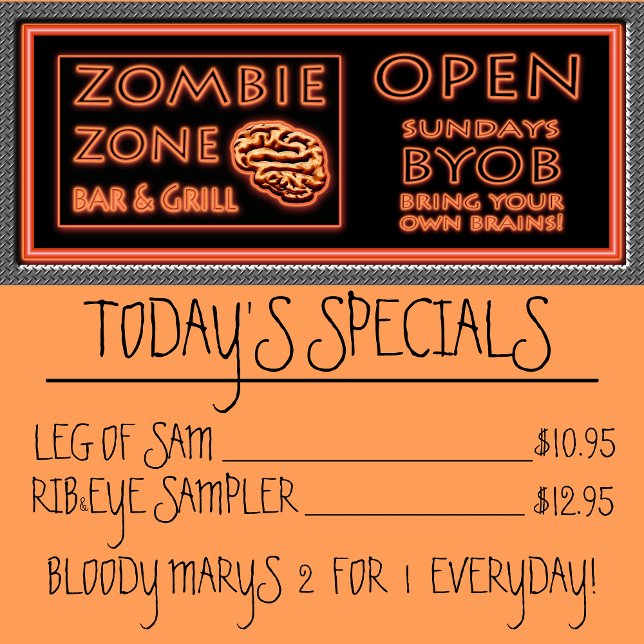 Póster Zombie Zone Engraçado BYOB Traga Seu Próprio Céreb (Zombie Zone Menu Halloween Poster)