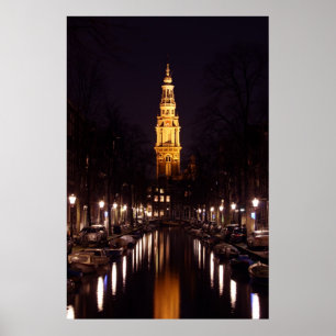 Póster Zuiderkerk em Amsterdão Países Baixos na noite