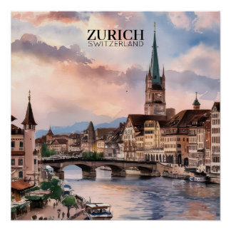 Póster Zurich Switzerland Watercolor Painting