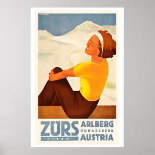 Poster Zürs 1780m Arlberg Vorarlberg Áustria Esqui Antigo
