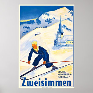 Poster Zweisimmen Bern Alpes Suíços Suíça Esqui Vintage