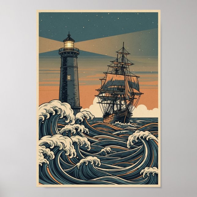 Pôsteres Vintage Oceano Farol Impressão (Frente)