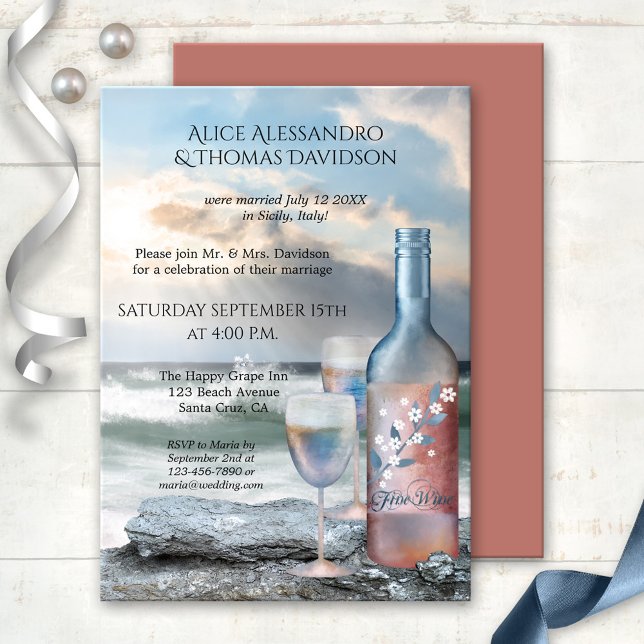 Posto de vinhos de praia ou após convite para casa (Wedding reception invitation featuring a painting of a wine bottle with two glasses at the beach)