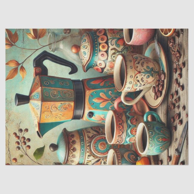 Pote de café retrô e papel de tecido em janelas (Frente )