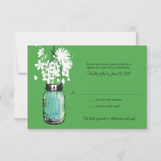 Pote de Pedra Azul com RSVP de Casamento de Flores (Frente)