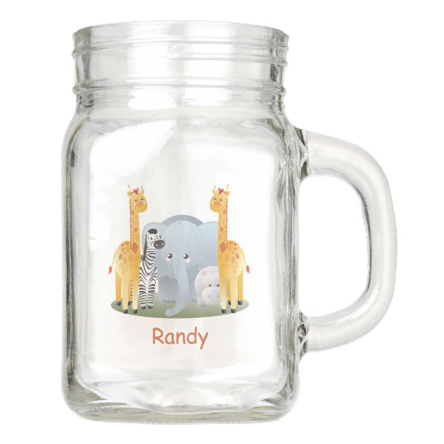 Pote De Vidro Mason Animais da Selva de Bebês Personalizados (Frente)