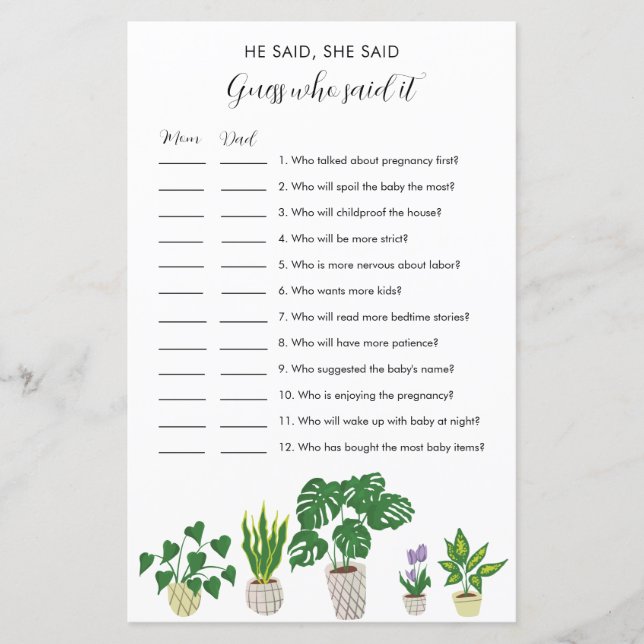 Potted Plants Baby Shower He Said She Said Game (Frente)