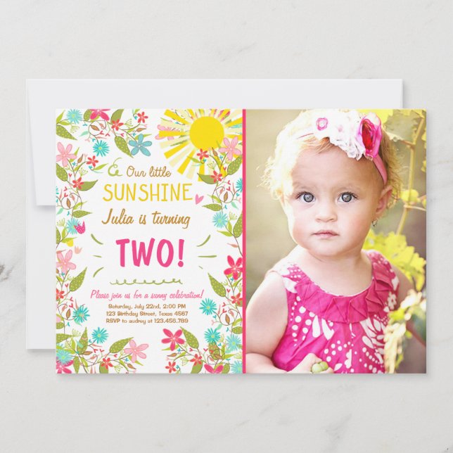 Pouco convite de aniversário da luz do sol floral (Frente)