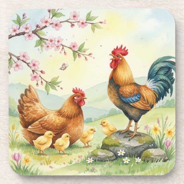 Pousada de galo de frango na primavera porta-copos (Frente)