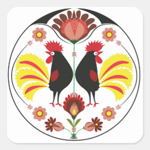 Povos poloneses com galos decorativos, etiqueta