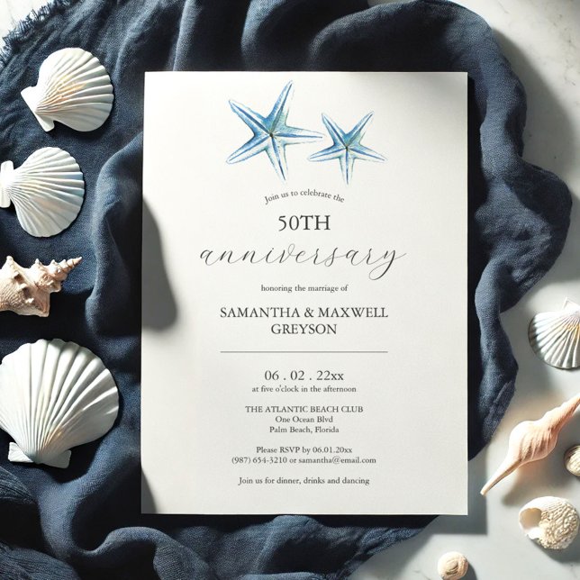 Praia 50º Aniversário de Casamento Convite Starfis (50th wedding anniversary invitations watercolor blue starfish Victoria Grigaliunas Do Tell A Belle)