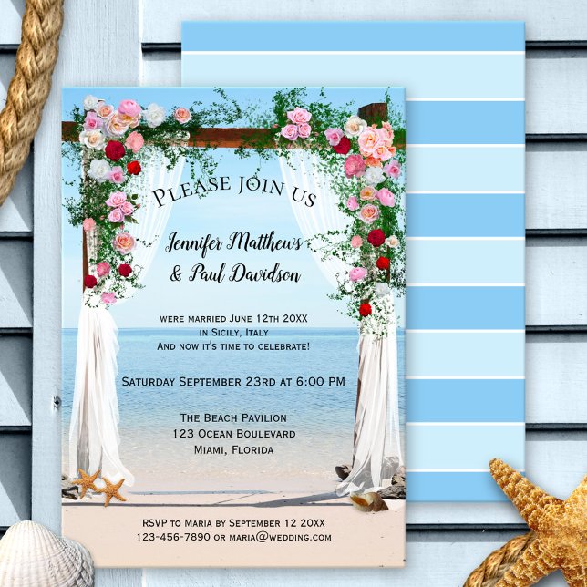 Praia com Convite para Casamento de Posto de Rosas (After wedding elopement party invitation featuring an image of an arbor with roses at the beach)